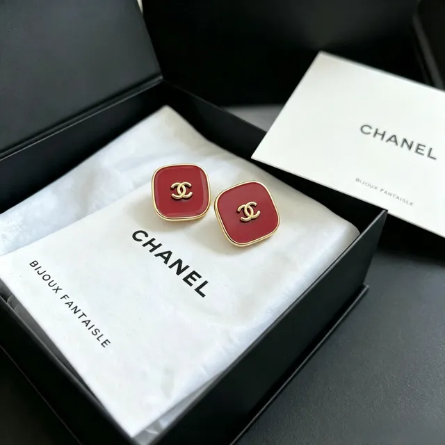 Chanel Red Enamel Square CC Logo Stud Earrings 8
