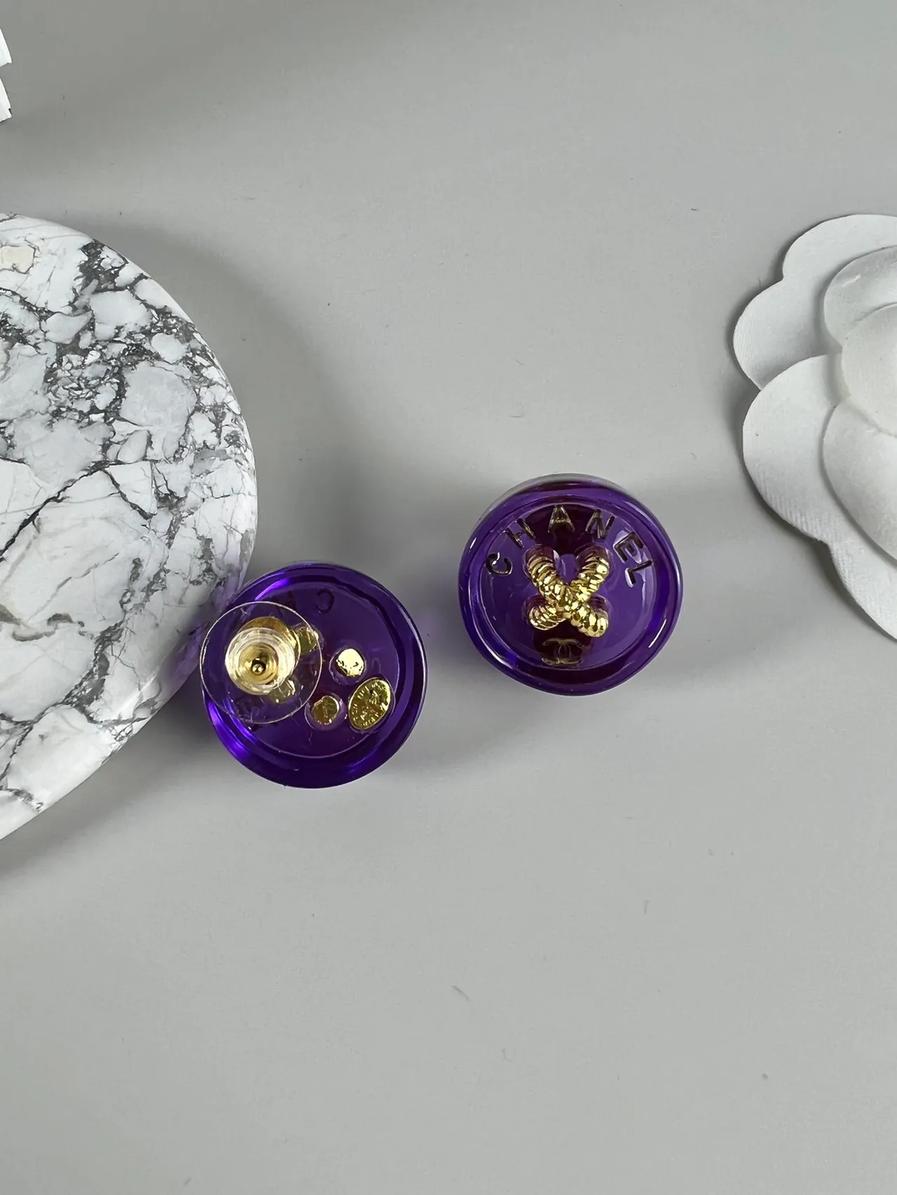 Chanel Resin Button Red Gold Translucent Camellia Motif Earrings 5