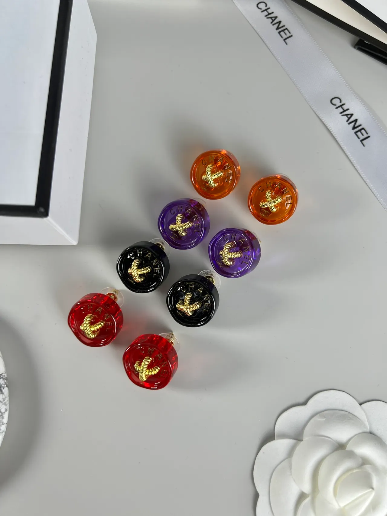 Chanel Resin Button Red Gold Translucent Camellia Motif Earrings 6