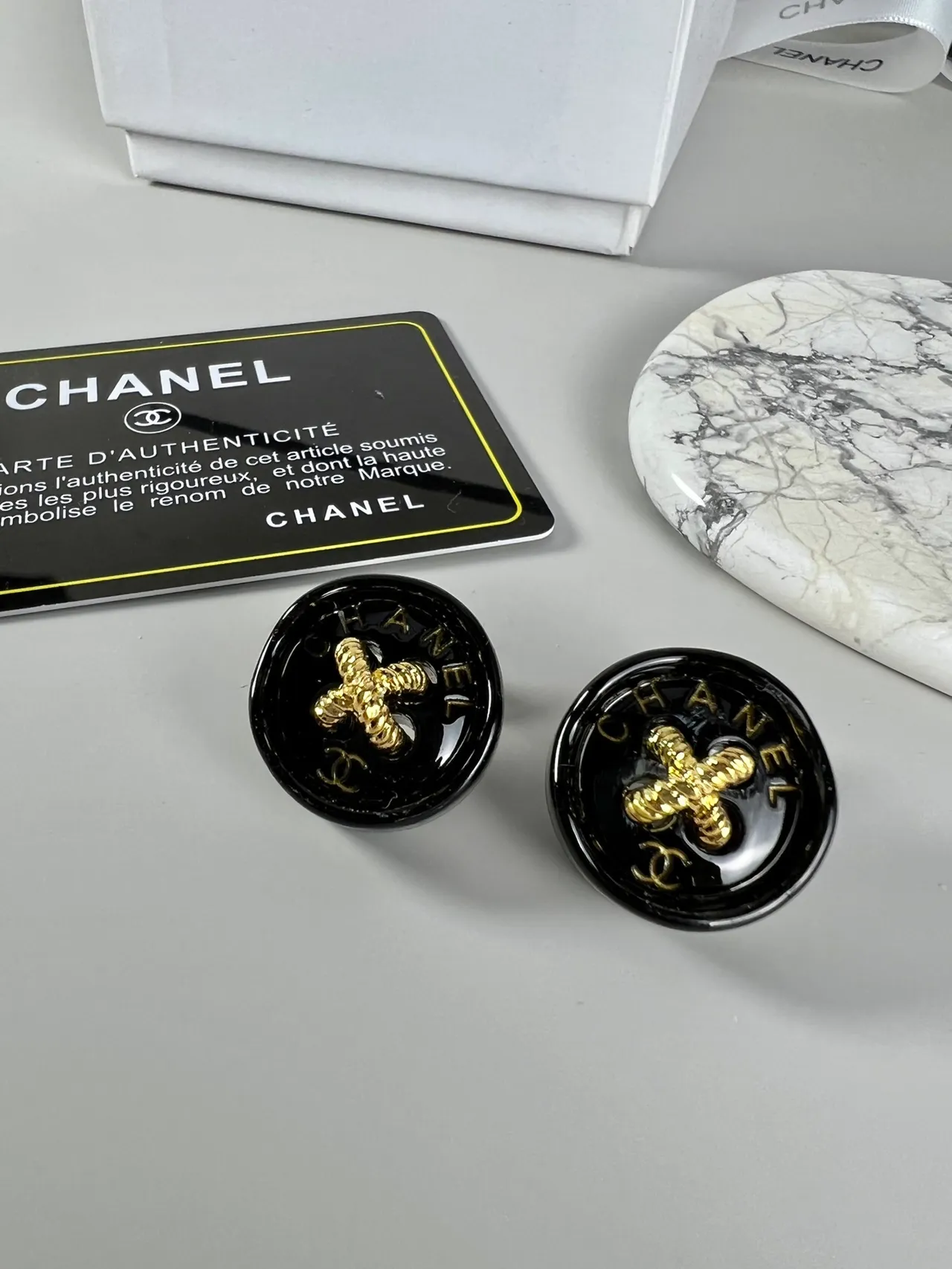 Chanel Resin Button Red Gold Translucent Camellia Motif Earrings 9