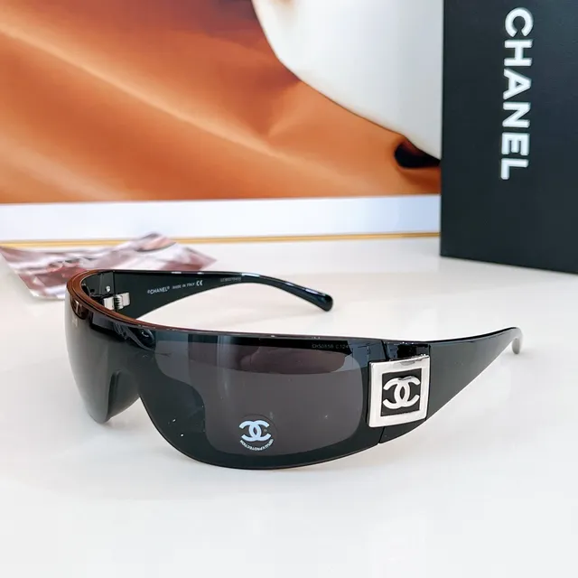 Chanel Shield Black Brown Wraparound Glossy Acetate Sunglasses 4