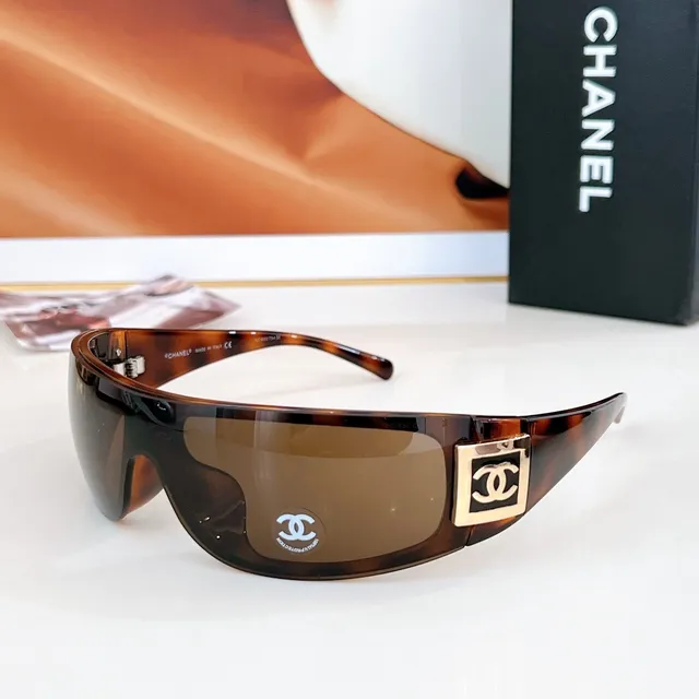 Chanel Shield Black Brown Wraparound Glossy Acetate Sunglasses 9