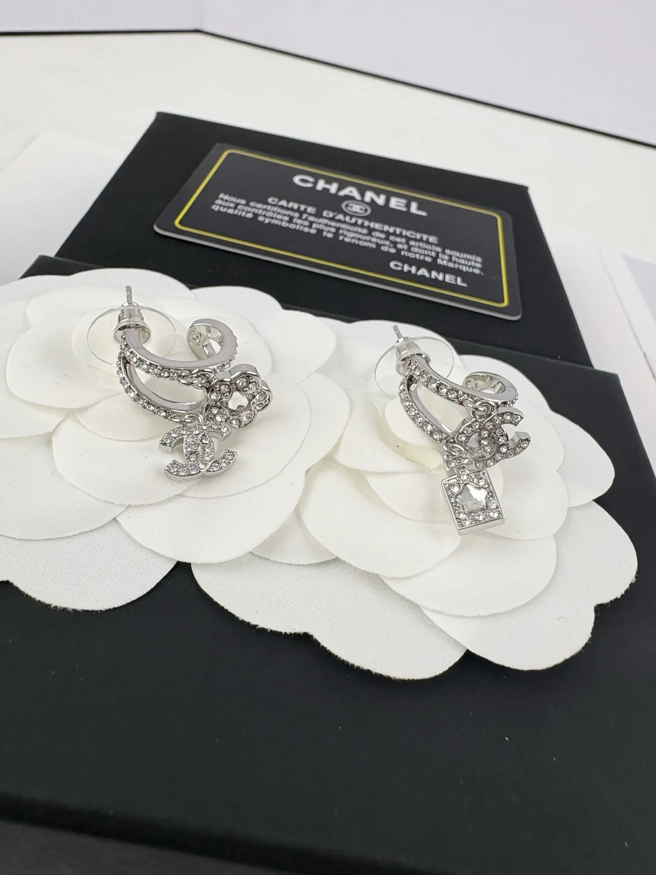 Chanel Silver Pavé-Crystal Asymmetrical Earrings 10