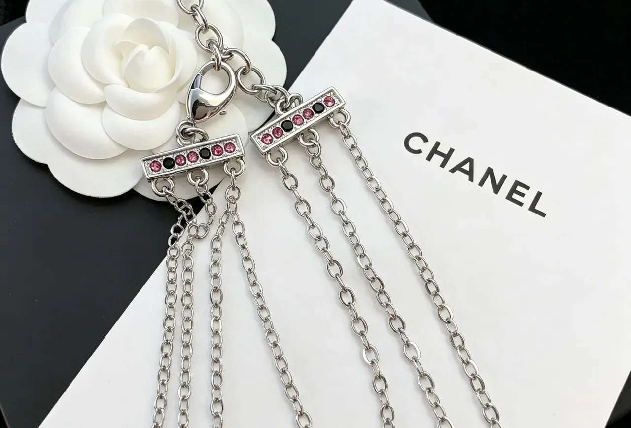 Chanel Silver Pink Multi-Strand Chain Faceted And Red Stones Necklace 2