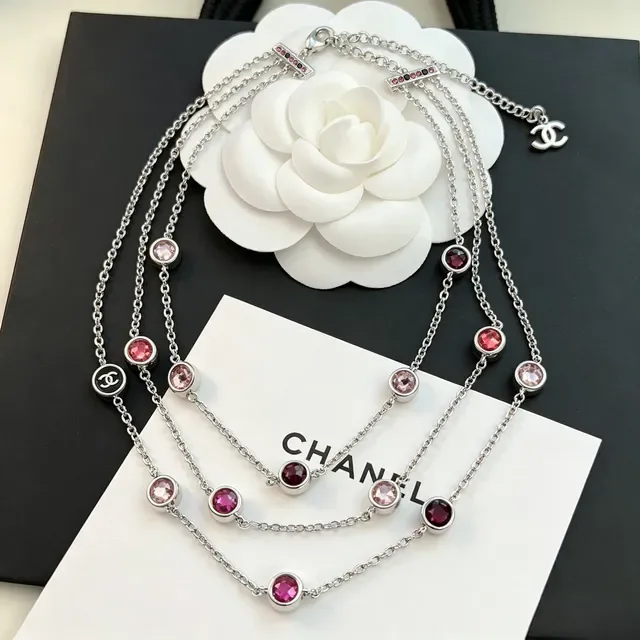 Chanel Silver Pink Multi-Strand Chain Faceted And Red Stones Necklace 3