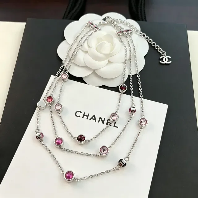 Chanel Silver Pink Multi-Strand Chain Faceted And Red Stones Necklace 4