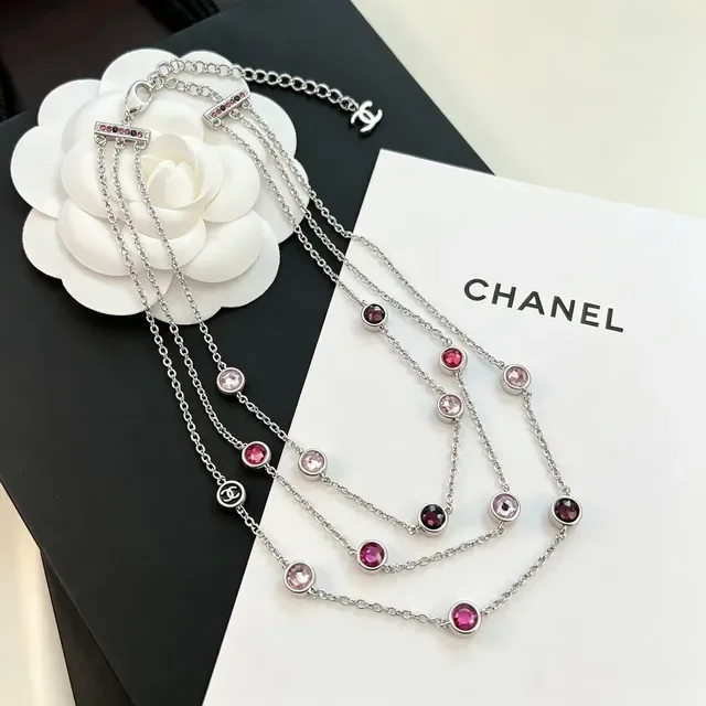 Chanel Silver Pink Multi-Strand Chain Faceted And Red Stones Necklace 5
