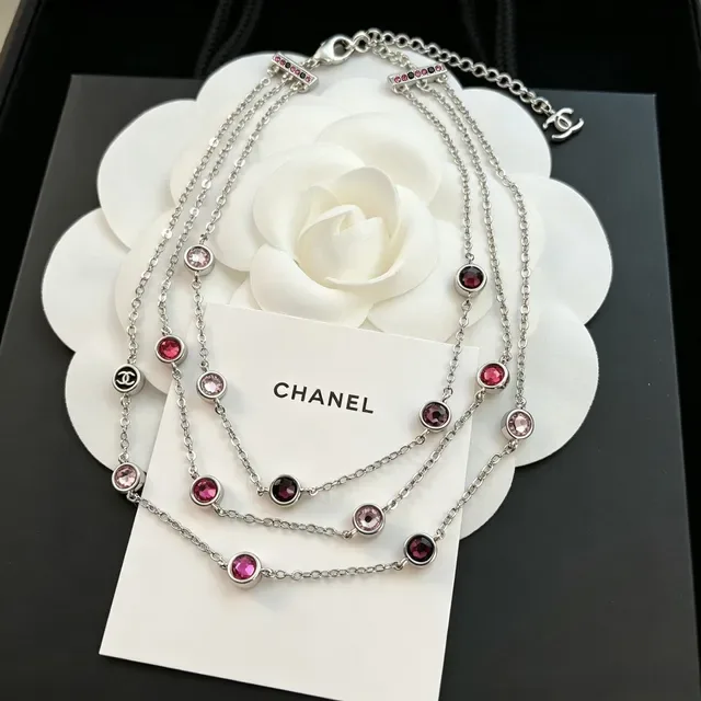 Chanel Silver Pink Multi-Strand Chain Faceted And Red Stones Necklace 6
