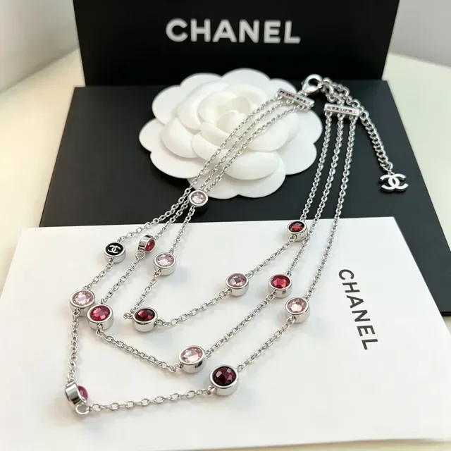 Chanel Silver Pink Multi-Strand Chain Faceted And Red Stones Necklace 7