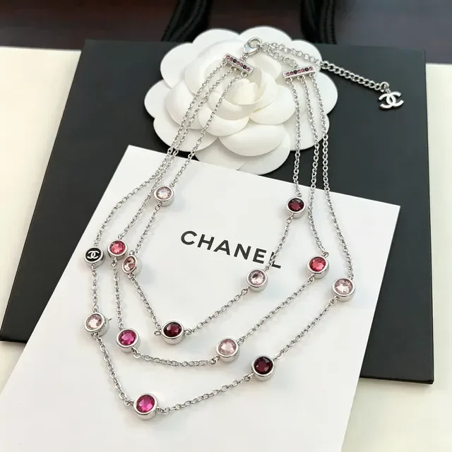 Chanel Silver Pink Multi-Strand Chain Faceted And Red Stones Necklace 8