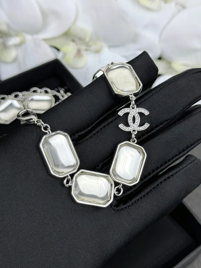 Chanel Silver White Geometric Resin Plaques Polished Metal Bracelet 5