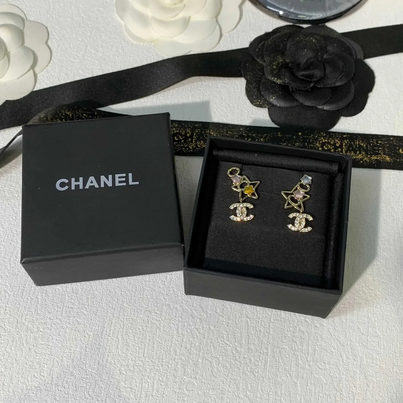 Chanel Silver Yellow Dangling Crystal-Embellished Earrings 2