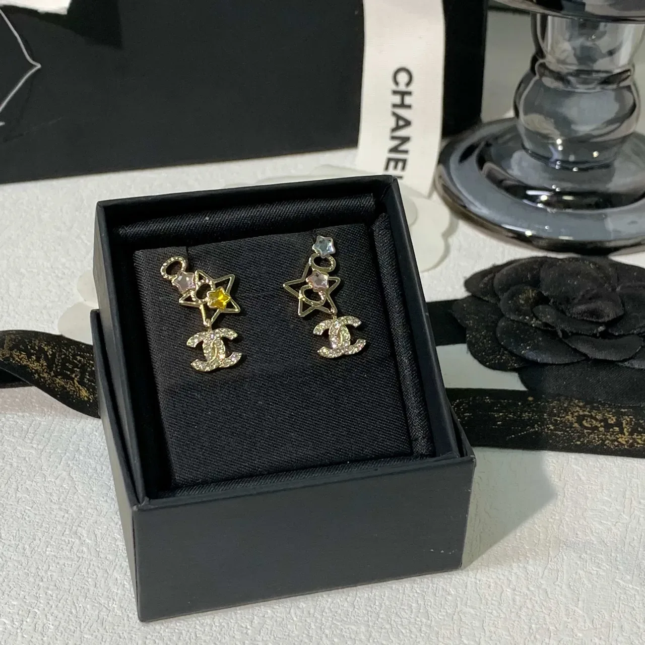 Chanel Silver Yellow Dangling Crystal-Embellished Earrings 5