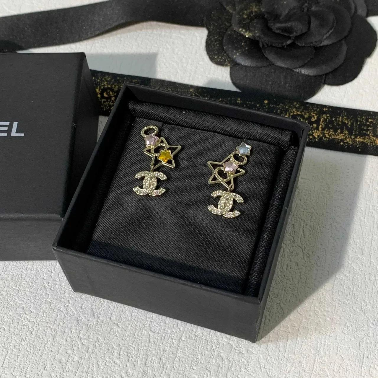Chanel Silver Yellow Dangling Crystal-Embellished Earrings 6