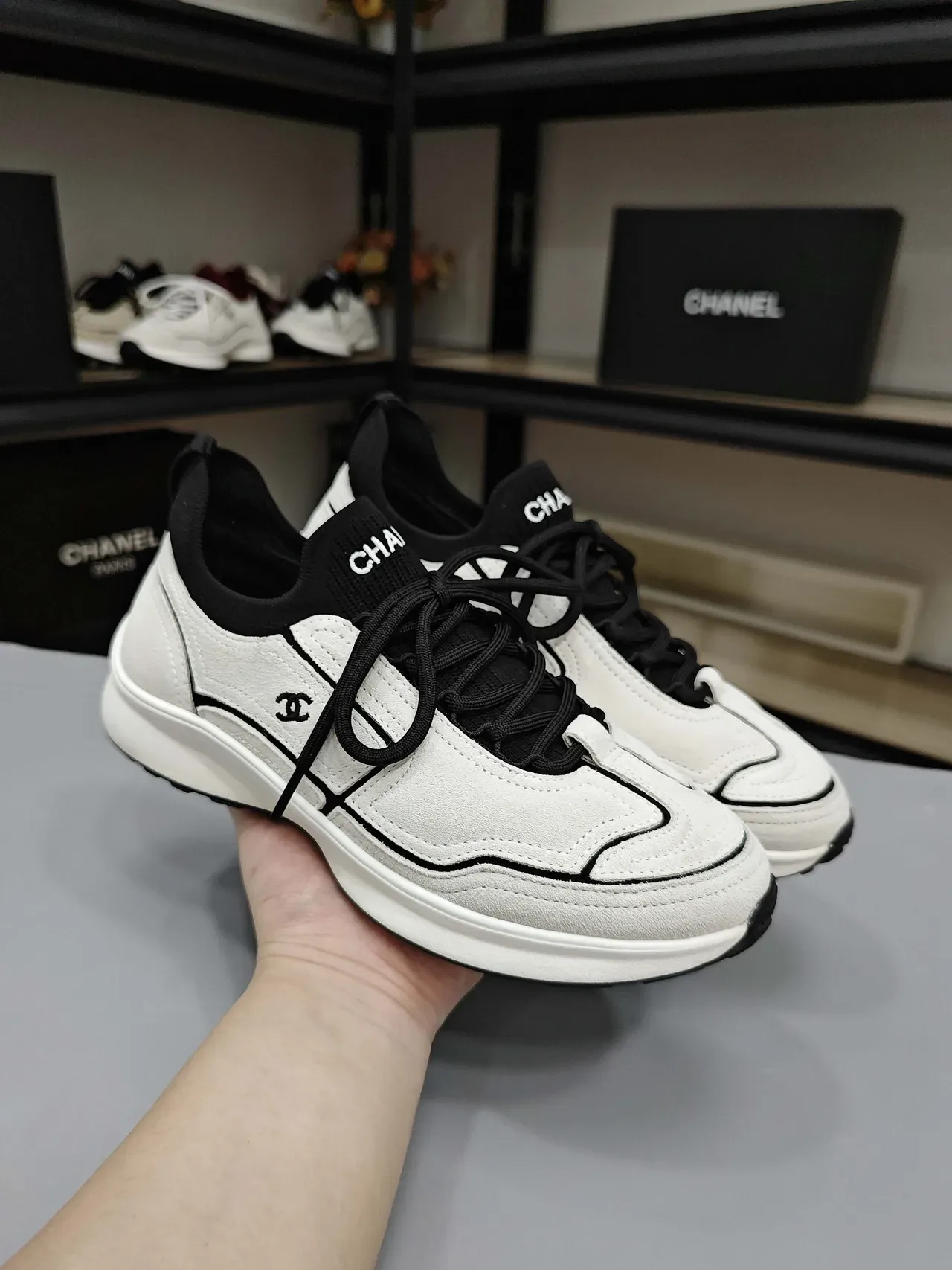 Chanel White Black Suede-Like Upper Contrast Piping Sneakers 2