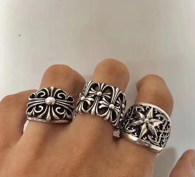 Chrome Hearts फूलों की खुरदरी लकीरें चाँदी अंगूठी 3
