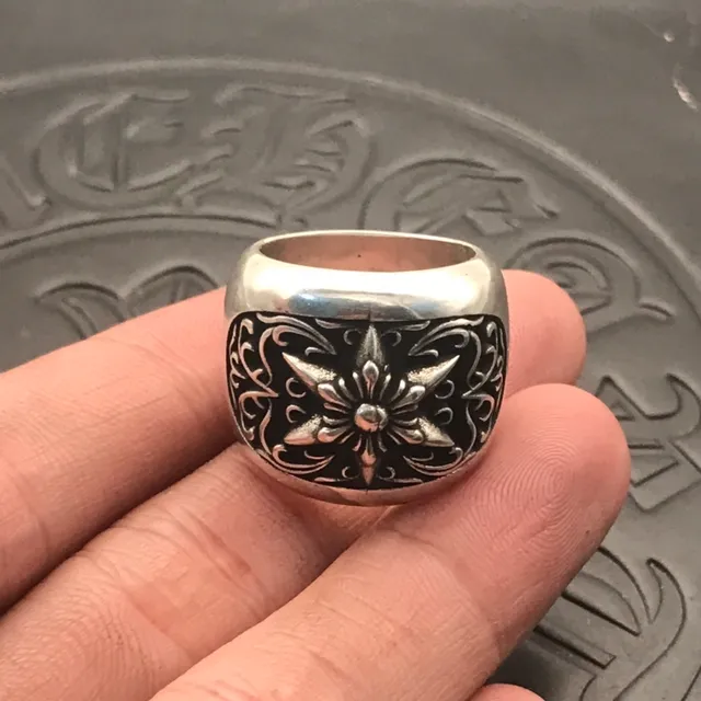 Chrome Hearts फूलों की खुरदरी लकीरें चाँदी अंगूठी 4