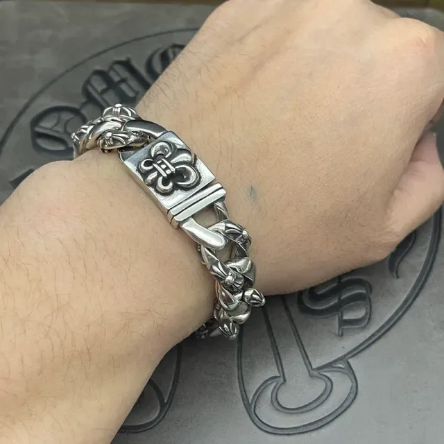 Chrome Hearts Lock Bracelet Oxidized Silver Fleur-de-Lis Star Motif Bracelets 6