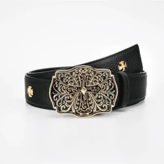 Chrome Hearts सज्जित क्रॉस बकल काला चमड़े का बेल्ट
