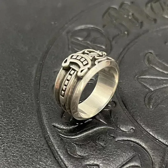 Chrome Hearts Argent Noir Ornate Gothique Bague à Bande Large 7