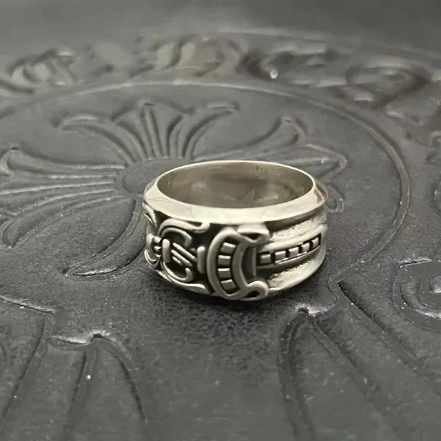 Chrome Hearts Argent Noir Ornate Gothique Bague à Bande Large 8