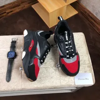 Christian Dior Noir Rouge Semelle Multicouches Asymétrique Lacets Cage Sneakers Épaisses