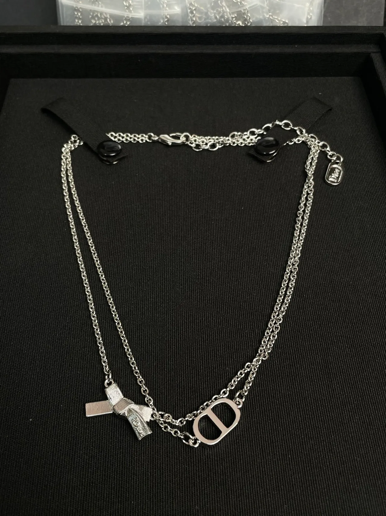 Dior Addict Silver Black Double-Chain Logo Pendant Necklace 4