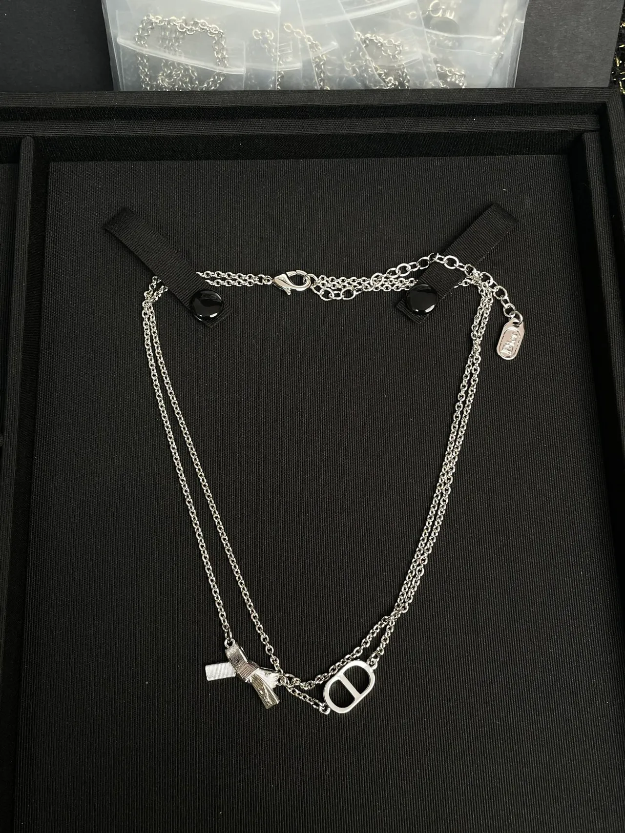 Dior Addict Silver Black Double-Chain Logo Pendant Necklace 6