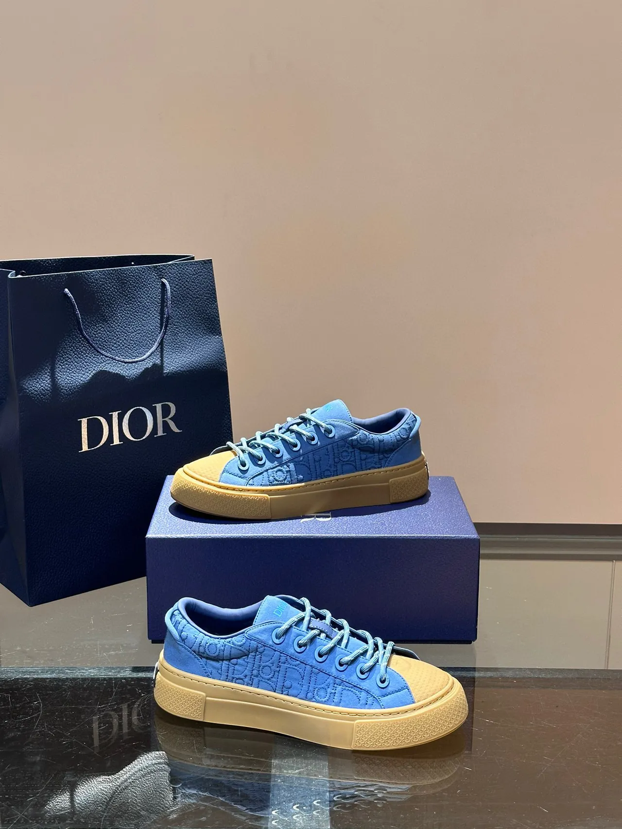 Dior Azul Bege embossado obliquo monograma superior espesso sola plataforma estilo de vida tênis 7