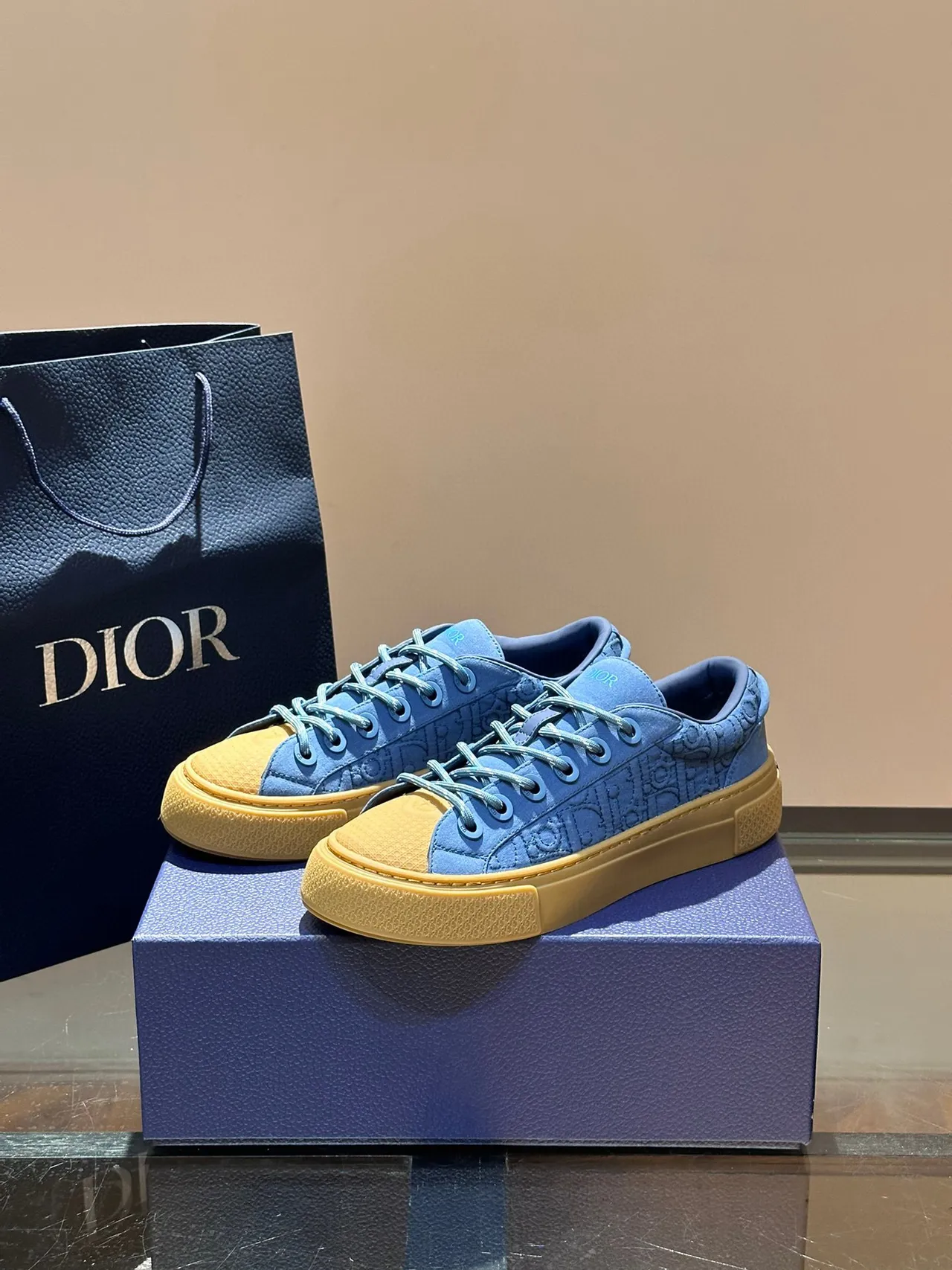 Dior Azul Bege embossado obliquo monograma superior espesso sola plataforma estilo de vida tênis 8