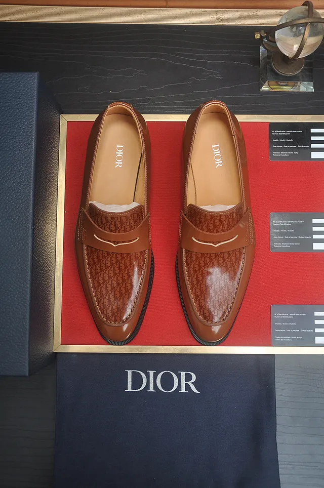 Dior Brown Black Polished Tan Leather Embossed Oblique Pattern Strap Loafer 5