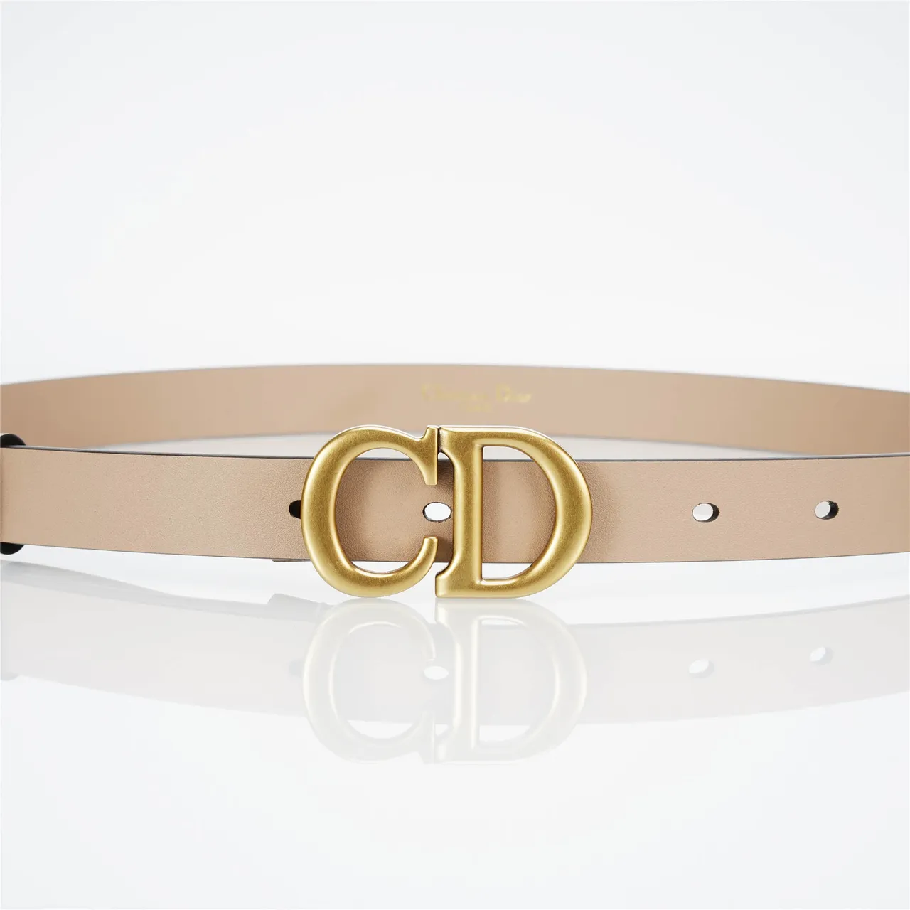 Dior CD Belt Beige Gold Narrow Brushed Buckle Leather Belt 8