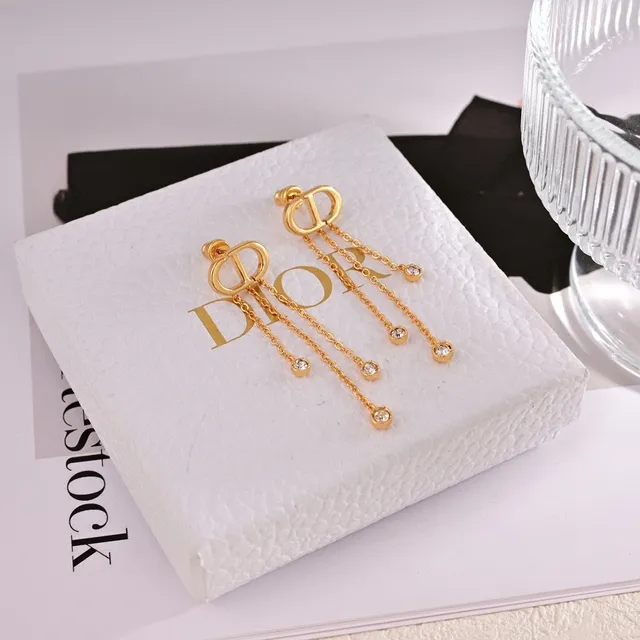 Dior CD Logo Gold-Tone Crystal Chain Tassel Earrings 2