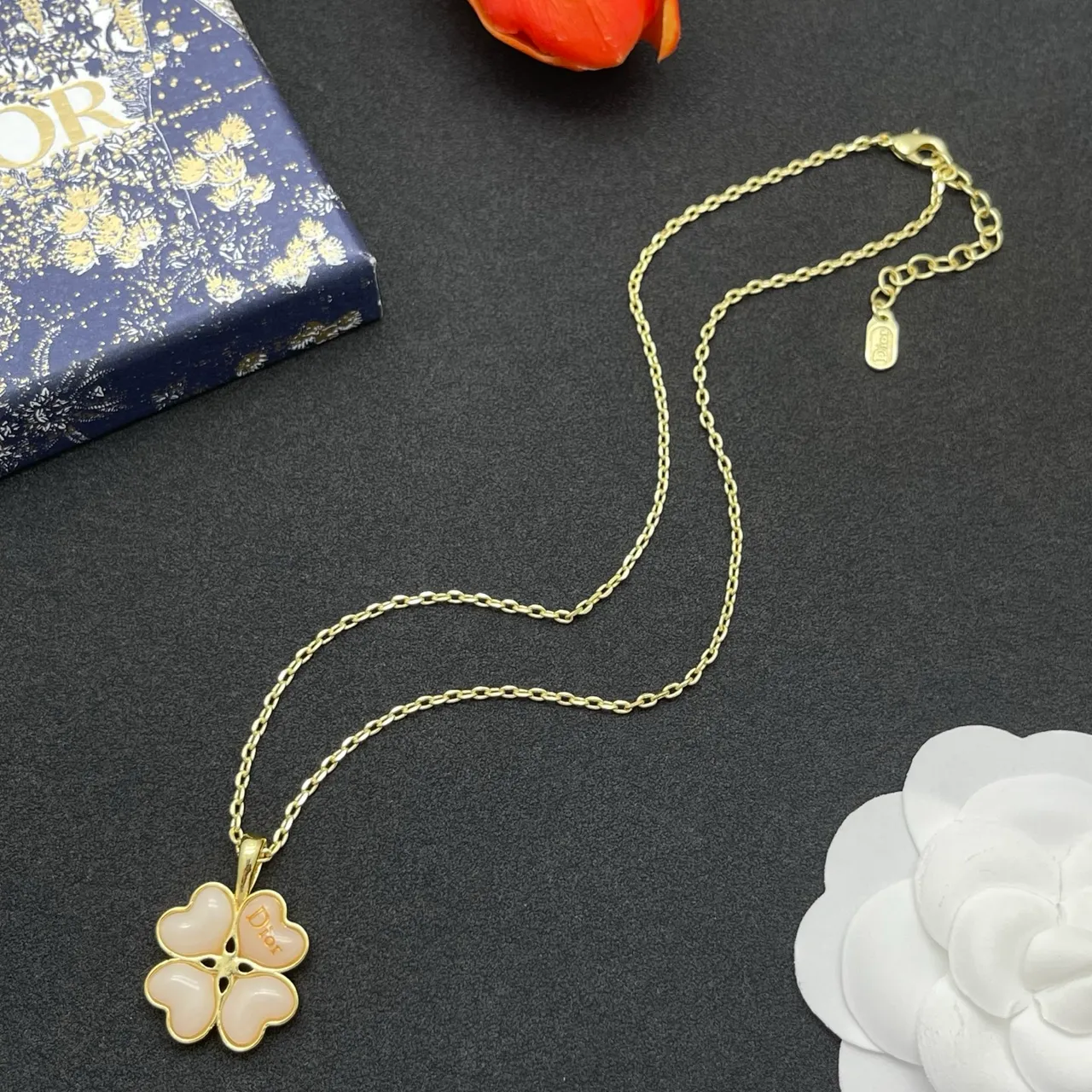 Dior Four Leaf Clover Gold Pink Chain Pendant Necklace 7