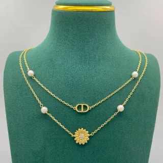 Dior Collier Chaîne Double Couche Acentos de Perles Or Blanc