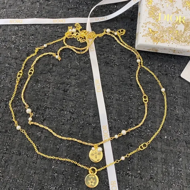 Dior Gold White Layered Chain Pearl-Accented Necklace 4