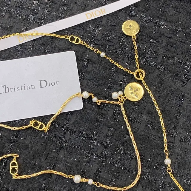 Dior Gold White Layered Chain Pearl-Accented Necklace 5