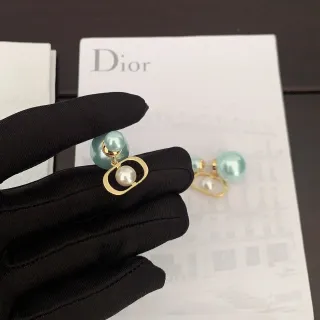 Boucles d'oreilles Dior Vert Or Double Perle Chute Cadre Oval
