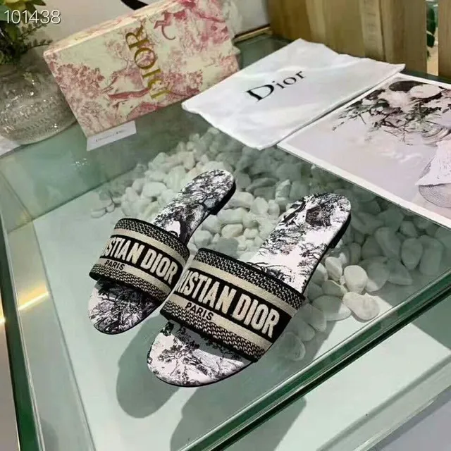 Dior J'Adior Slide Black White Oblique-Printed Upper Wide Woven Strap Slippers 6