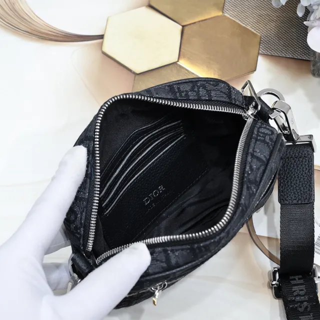 Dior Oblique Black Beige Monogram Canvas Leather Trim Messenger Bag 3