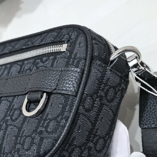 Dior Oblique Black Beige Monogram Canvas Leather Trim Messenger Bag 4