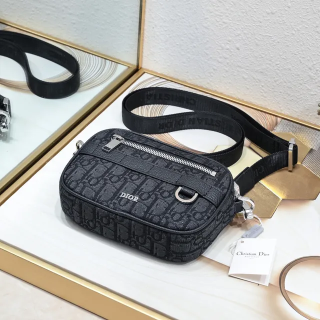 Dior Oblique Black Beige Monogram Canvas Leather Trim Messenger Bag 6