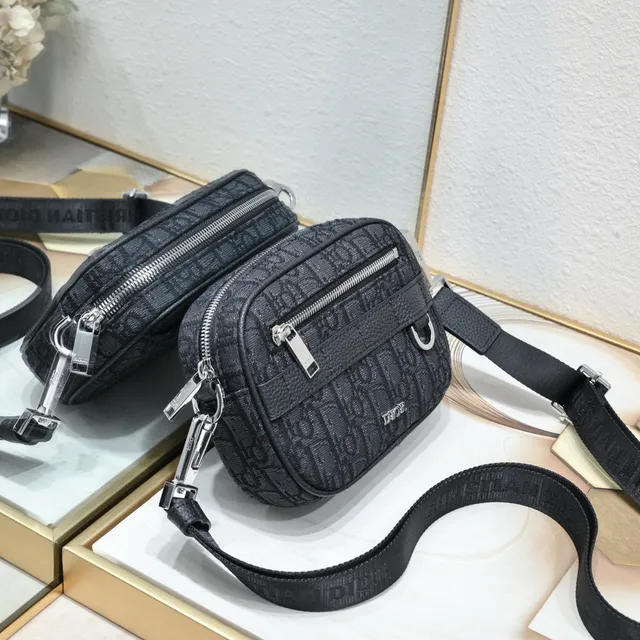Dior Oblique Black Beige Monogram Canvas Leather Trim Messenger Bag 8