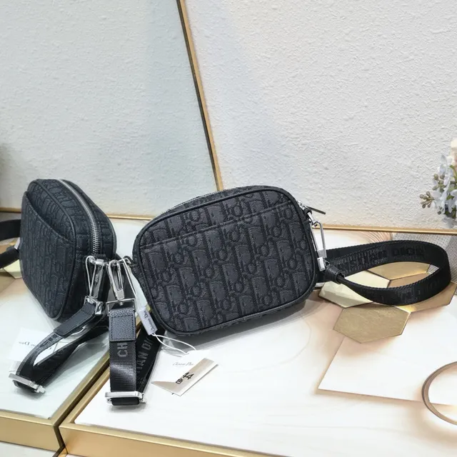 Dior Oblique Black Beige Monogram Canvas Leather Trim Messenger Bag 9