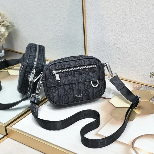 Dior Oblique Black Beige Monogram Canvas Leather Trim Messenger Bag 10