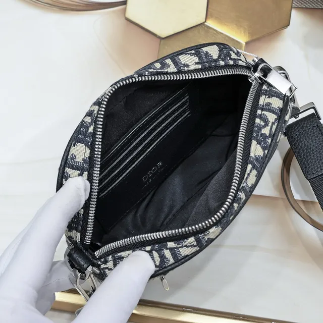 Dior Oblique Black Beige Monogram Canvas Leather Trim Messenger Bag 12