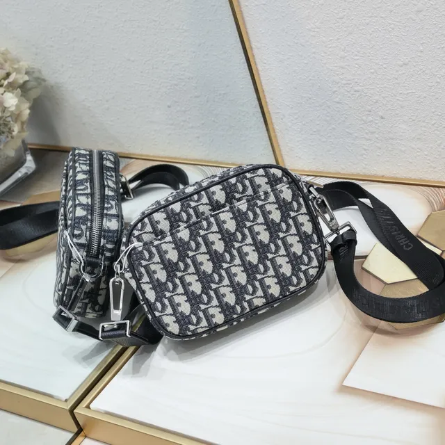 Dior Oblique Black Beige Monogram Canvas Leather Trim Messenger Bag 17
