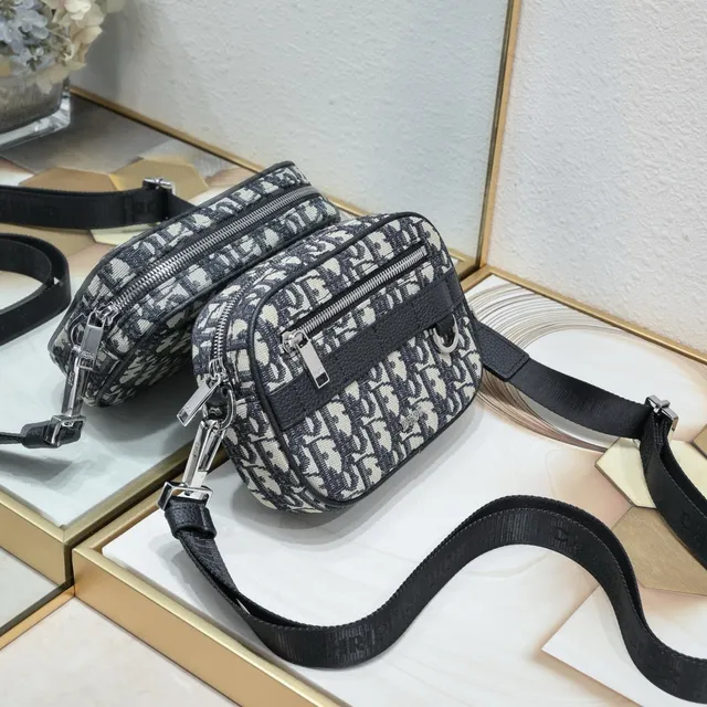 Dior Oblique Black Beige Monogram Canvas Leather Trim Messenger Bag 18