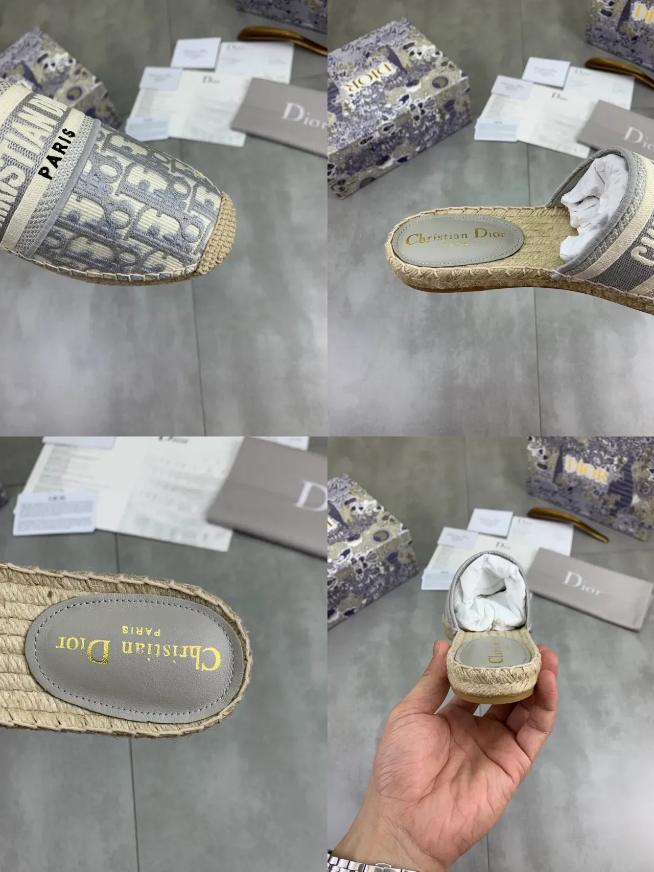 Dior Oblique Espadrille Beige Gray Jacquard Strap Sole Slippers 2