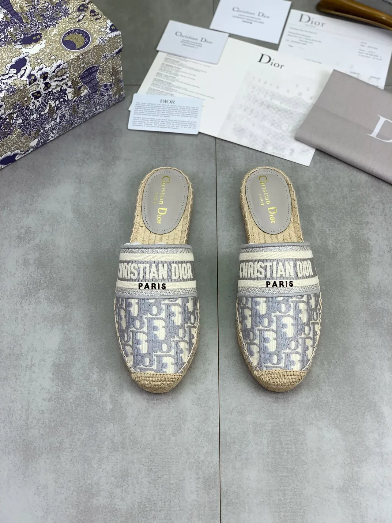 Dior Oblique Espadrille Beige Gray Jacquard Strap Sole Slippers 4
